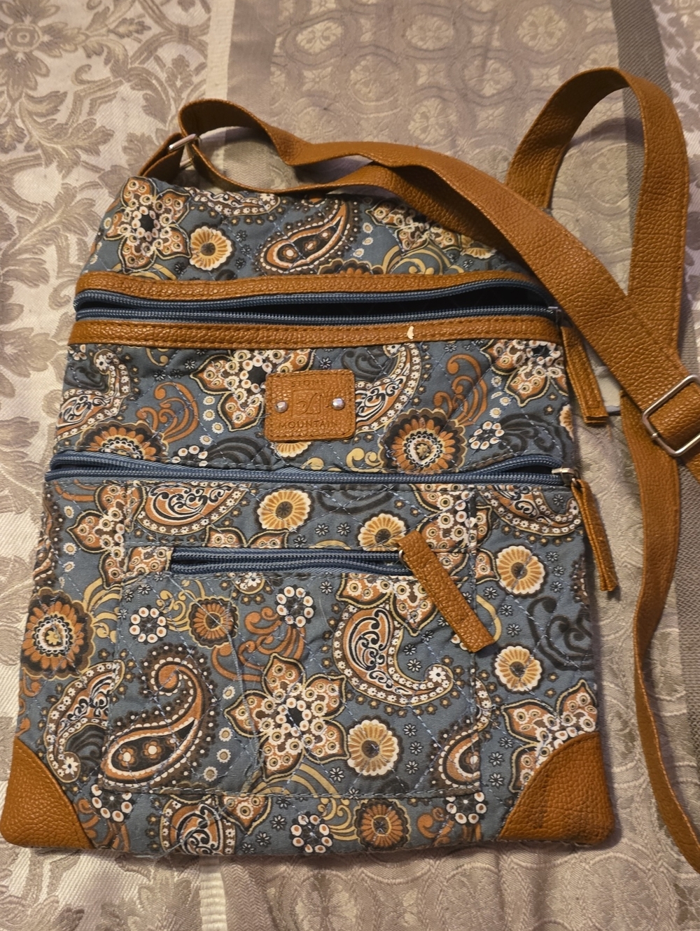 Light Brown & Blue Floral Crossbody Bag by Unknown Brand